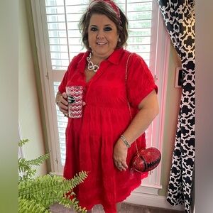 BNWT Umgee Red-midi Dress.Swiss Dot jacquard tiered short sleeve Collared Dress